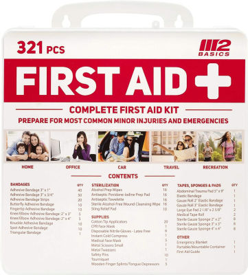 M2 BASICS Complete 321 Piece Emergency First Aid Kit | Business &amp; Home Medical Supplies | Wall Mountable Hard Case | Office, Car, Travel, School, Camping, Hunting, Sports
