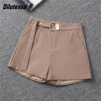 (S-3XL)Dilutessa กางเกงขาสั้นผู้หญิงลำลองเอวสูงสไตล์ลำลองกับเข็มขัดสีทึบกางเกงขาสั้นขากว้างกับซับคู่