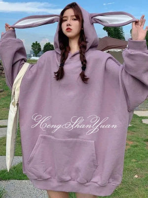 HengShanYuan เสื้อมีฮู้ดหูกระต่ายน่ารักสำหรับผู้หญิงเสื้อโค้ทสไตล์แขนยาวต่างประเทศสไตล์เกาหลีแบบใหม่หลวม