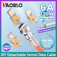 VAORLO 120W 6A เกมชาร์จเร็วมากแบบ DIY 1/1.5เมตรซิลิโคนเหลว180องศาชนิดหมุนได้ชนิด C ไมโคร USB สายข้อมูลปลั๊กโลหะฟ้าผ่าที่มีอุปกรณ์กำจัดสามารถใส่ได้กับ iPhone สมาร์ทโฟนแอนดรอยด์