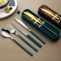 Portable Cutlery Set Gold Knife Fork Spoon Chopsticks Stainless Steel Tableware Sets With Case Utensils For Kitchen Travel Flatware Sets