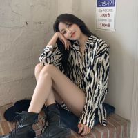 Zebra Print Retro Contrast Color Long Sleeves Shirt Womens Spring Design Sense Minority All-Match Mid-Length French Shirt Coat