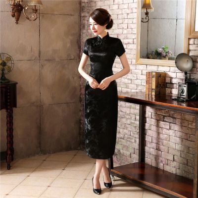 Black Womens Long Cheongsam Traditional Chinese style Dress Qipao S M L XL XXL XXXL 4XL 5XL 6XL Mujer Vestido J3086