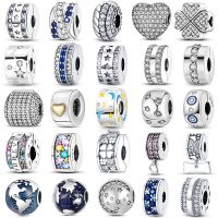 925 Silver Clip Charms Fit Original Pandora Bracelet DIY Pave CZ Star Moon Clasp Stopper Bead