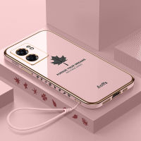 สำหรับ OPPO A57 4G (2022) / A77s / A77 4G สายคล้องแบบมีเคสหรูหราเคลือบ6D ใบเมเปิลเคสมือถือซิลิโคนกรอบสี่เหลี่ยมปกป้องเลนส์แบบเต็มฝาหลัง