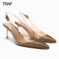 TRAF ผู้หญิงรองเท้าส้นสูงแต่งงานที่ทันสมัยสำนักงาน Slingback รองเท้าส้นโปร่งใสฤดูร้อน2023ผู้หญิงปั๊มล้างชี้นิ้วเท้าสุภาพสตรี