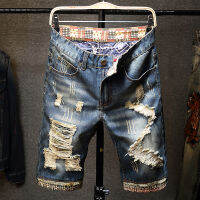 2023ฤดูร้อนใหม่ผู้ชาย Ripped กางเกงยีนส์สั้น Streetwear Big Hole แฟชั่น Vintage Blue Slim Denim กางเกงขาสั้นเสื้อผ้า...