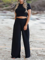 New Women Summer Simple Bottoms Sets Female Wide Leg Pants Short Tops Two Piece Set Casual Loose 2022 Streetwear Black Pant Suit