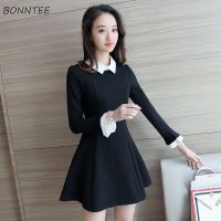 Dress Women Mini High Waist Turn down Collar Solid Simple Long Sleeve Korean Style Chic Leisure Elegant Vintage Womens Daily New