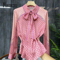 FANIECES ใหม่มาถึงผู้หญิงเสื้อทำงานสบายๆสีชมพูเสื้อ Bow Tie สำนักงานสุภาพสตรีธุรกิจเสื้อ2023 Blusas Mujer