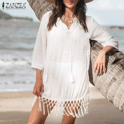 (สินค้ามาใหม่)(จัดส่งฟรี)Fancystyle ZANZEA เสื้อคอวีแขน3/4สำหรับผู้หญิงชุดชายหาดขนาดเล็กเย็บปะติดแบบชุดสำหรับชายทะเลวันหยุด #15