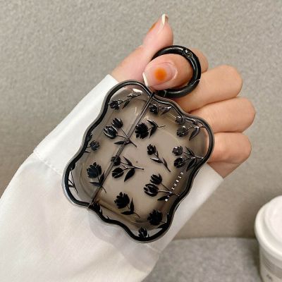 Korean Flowers Black Rose Earphone Case For Apple AirPods 3 2 Soft Silicone Cute Cover Keyring For Air Pods AirPod Pro 1 2 3 Headphones Accessories