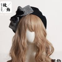 Plaid Big Bow Cute Beret for Women Handmade Autumn Winter Street Style Solid Wool Hats Beanie Cap