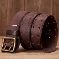 3.8CM Vintage Mens Wide Belt Male Cowhide Real Genuine Leather Double Prong Buckle Handmade Strap Fashion Jeans Cowboy Belt