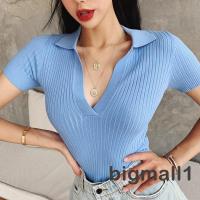 BIGMALL-ashion Short Sleeve V-neck Knit Stylish Lapel Solid Color Crop Tops