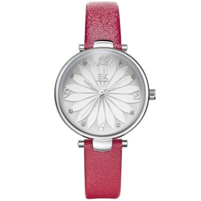 นาฬิกาข้อมือควอตซ์อนาล็อกผู้หญิงหน้าปัดดอกไม้นาฬิกาหนังนาฬิกาลำลองผู้หญิง