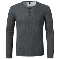 New T Shirt Men Long Sleeve Henley Collar Solid Color Tee Tops Mens Casual Slim Fit Tshirts Men White Black Gray Tees Daily Wear