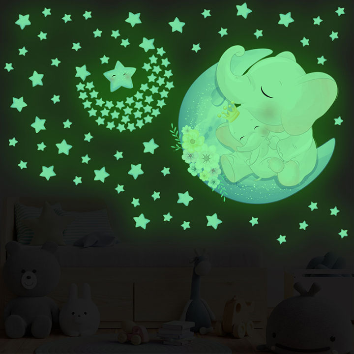 carmelun-สติกเกอร์ติดผนังรูปหมีเรืองแสงสติกเกอร์รูปพระจันทร์1แผ่นสติกเกอร์ติดผนังเรืองแสงดาว