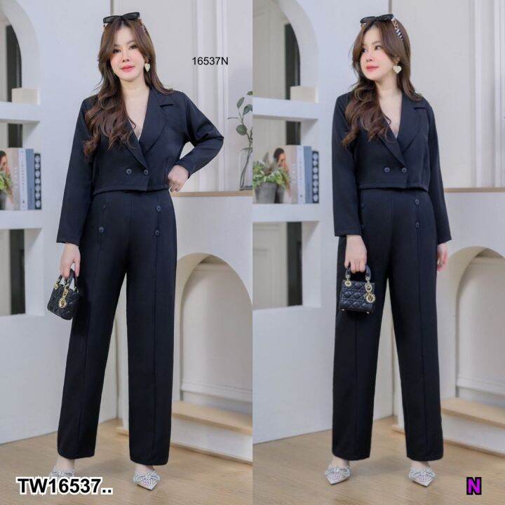 tw16537-set-สาวอวบ-2-ชิ้น-เสื้อคอปแขนยาว-กางเกงขายาว