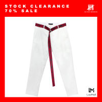 (SIX P.M.) TWO TONE TROUSERS WHITE ON WHITE CUTTING WITH STRIPE FABRIC / กางเกง ชาย ตัดต่อผ้า สองโทน ผ้าพื้น ผ้าลายริ้ว สีขาว ทรง boxy / S19