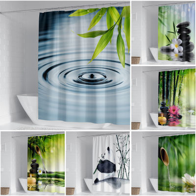 Chinese Style Zen Printing Bamboo Grove Waterproof Bathroom Blackout Curtains with Hooks for Home Decoration Cortina De Baño
