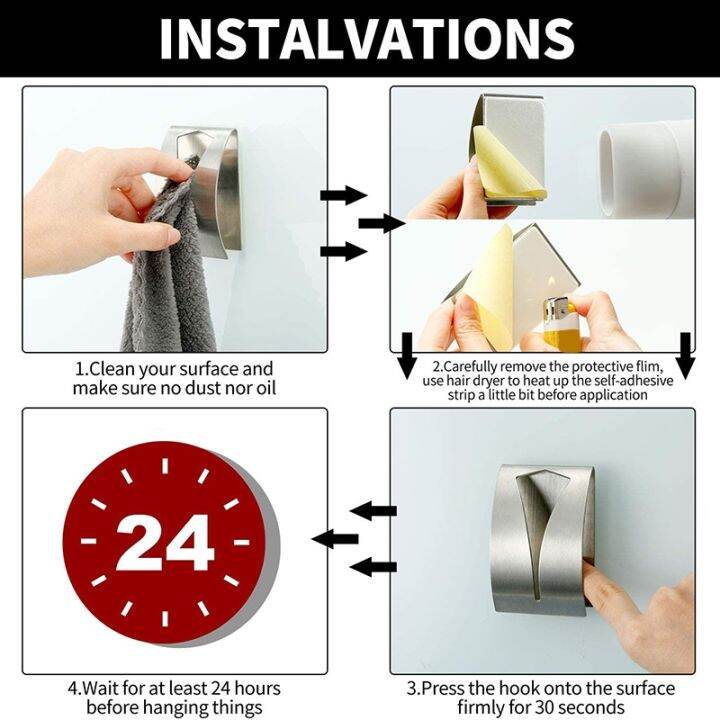 yf-4-pieces-self-adhesive-towel-hook-holder-grabber-stainless-steel-kitchen-dish-wall-mount-non-drilling