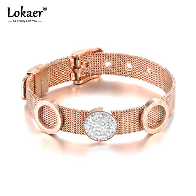 Lokaer Original CZ Crystal Round Disc Charm celets Jewelry For Women Rose Gold Stainless Steel Adjustable celet B19096