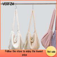 VERFZM SHOP ซิปมีซิป กระเป๋าผ้ากำมะหยี่ลายทาง จุได้มาก สีทึบทึบ กระเป๋าโท้ท ลำลองแบบสบายๆ กระเป๋าสะพายไหล่แบบสั้น ผู้หญิงสาวสาว