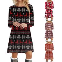 2023 Christma Dress Women Evening Party Swing Dress Long Sleeve Crew Neck Xmas Printed Robe New Year Clothes Vestidos De Mujer