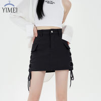 YIMEI 2023ใหม่ล่าสุดเอวสูงเด็กผู้หญิงสีชมพูยืดหยุ่นกระโปรงสั้นยืดหยุ่นได้เดรสเซ็กซี่ปักเลื่อมลูกไม้กระโปรงเดนิมอเนกประสงค์