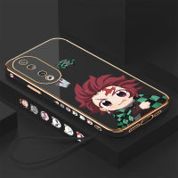 GGK เคสสำหรับ Honor 90 5G 90 Lite 5G ฟรีสายคล้องการ์ตูนอนิเมะ Demon Slayer Tanjiriou เคสลายขอบสี่เหลี่ยมชุบเคสโทรศัพท์เคสโทรศัพท์นิ่มหรูหรา