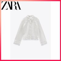 Zara ใหม่ เสื้อเชิ้ตถักโครเชต์ สีขาว และกางเกงขาสั้น สําหรับผู้หญิง tag