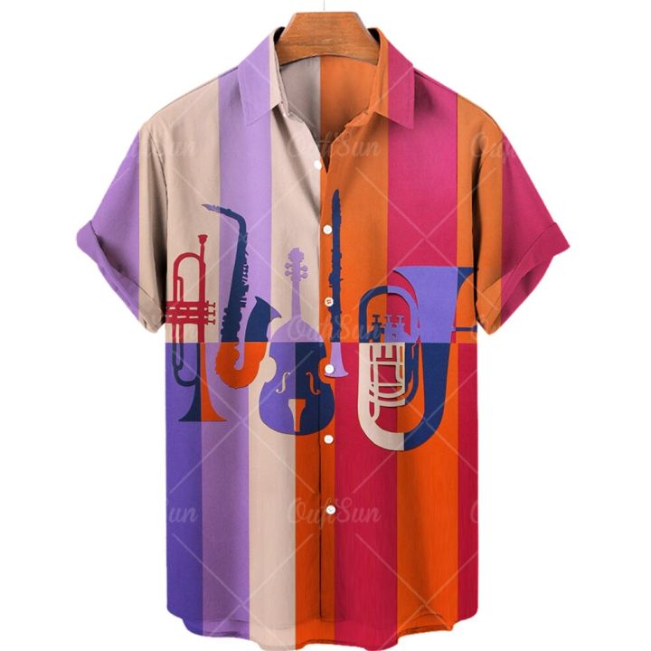 3dกีตาร์เพลงแฟชั่น22-23เสื้อสีสันสดใสคอวีแขนสั้นโอเวอร์ไซส์ฤดูร้อนสไตล์ฮาวายเสื้อผ้าลำลองหลวมสินค้าตามสั่ง