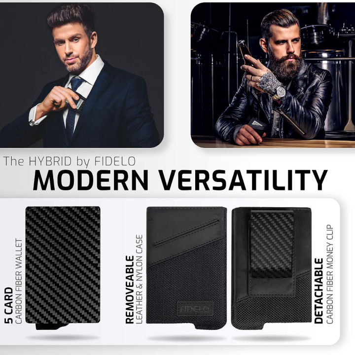fidelo-minimalist-wallet-for-men-slim-credit-card-holder-rfid-mens-wallets-with-3k-carbon-fiber-money-clip-removable-black-leather-case-crazy-horse-leather-amp-cordura-ballistic-nylon-3k-carbon-fiber-