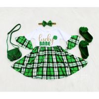 [COD] and children spring autumn style St. Patricks Day flared long-sleeved plaid dress headband 2-piece set