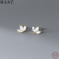 WANTME 925 Sterling Silver Shiny Small Leaf Zircon Stud Earrings for Women Fashion Korean Teen Crown Piercing Pendientes Jewelry