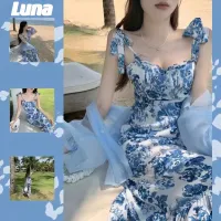 Luna shop（พร้อมส่งจากกทม มาถึงใน 3-5 วัน）เดรสชุดเดรสลายดอกไม้สไตล์ชายหาดสีฟ้าสไตล์เกาหลี