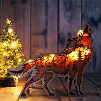 Christmas Decoration Wooden Carving Wolf LED Light Hollowed Elk Brown Bear Desktop Ornaments Living Room Home Decor Accessories