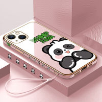 Volans เคสสำหรับ Apple iPhone 15 Plus 15 Pro 15 Pro Max ฟรีสายคล้องแพนด้าการ์ตูนน่ารักขอบสี่เหลี่ยมลายเคสโทรศัพท์เด็กหญิงเด็กชายชุบหรูหราชุบนุ่มเคสโทรศัพท์