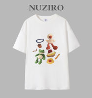 NUZIRO เสื้อยืดแขนแขนสั้นคอกลมสำหรับผู้หญิง ผ้าฝ้ายล้วนลายการ์ตูนเกาหลีสนุก