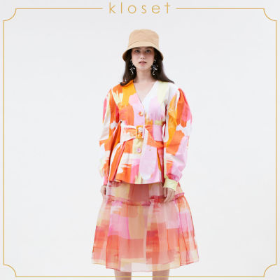 KLOSET Painter Button Belt Top (SS21-T022) เสื้อแขนพอง เสื้อผ้าพิมพ์ เสื้อพร้อมเข็มขัด เสื้อผ้าผู้หญิง เสื้อผู้หญิง