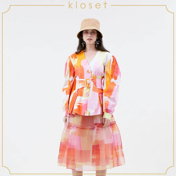 kloset-painter-button-belt-top-ss21-t022-เสื้อแขนพอง-เสื้อผ้าพิมพ์-เสื้อพร้อมเข็มขัด-เสื้อผ้าผู้หญิง-เสื้อผู้หญิง