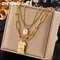 DIEYURO 316L Stainless Steel 3-Layer Pearl Square Portrait Pendant Necklace For Women Punk Street Trend Chain Neck Jewelry Gift