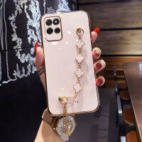 COROGI เคสสำหรับ Realme 8 5กรัม/Realme 8i / Realme 8 4กรัม/Realme 8โปร8 4กรัมพร้อมเคสสายรัดข้อมือลายโคลเวอร์นำโชคสร้อยข้อมือหรูหราเคลือบ6D เคสมือถือขอบสี่เหลี่ยมกันชนฝาหลังแบบนิ่มป้องกันซิลิโคน