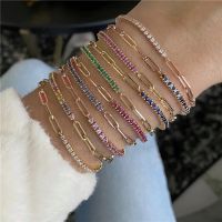 2022 New Geometric Rainbow Cz Link Chains Paper Clip Round Bezel CZ Colorful Tennis Unique Design celets women charm Jewelry