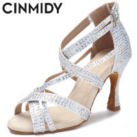 CINMIDY Rhinestone รองเท้าเต้นรำผู้หญิงรองเท้าเต้นรำบอลรูมผ้าไหมซาตินเต้นรำละติน Kanstango รองเท้าผู้หญิงงานแต่งงานรองเท้าส้นสูง