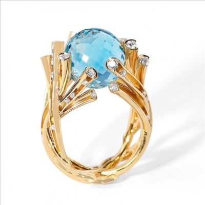 แหวนสไตล์แฟชั่นแหวนสีทองลูกบอลคริสตัลสีน้ำเงินสำหรับเครื่องประดับแนวชายแดนผู้ผลิต