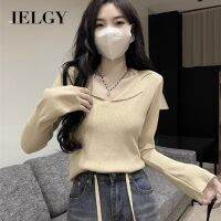 เสื้อสเวตเตอร์แขนยาวสำหรับผู้หญิงลายจุดเข้ารูปพอดีบางของ IELGY (สีดำ)