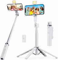 Ambertronix 40” Selfie Stick Tripod Quadrapod, Onboard Light, Wireless Bluetooth Remote, Extendable, Stainless Steel, 3 Light Modes, 9 Brightness Levels, Compatible with All iPhone &amp; Android Devices Chrome