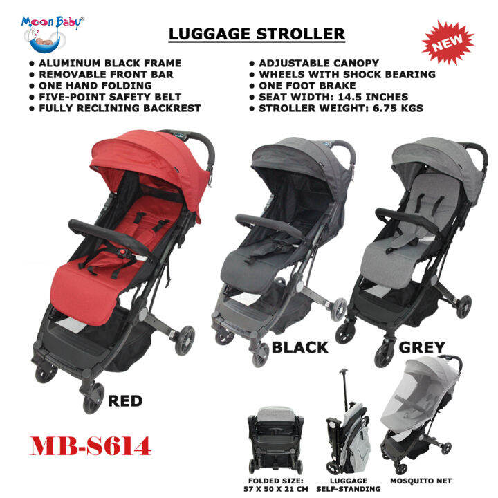 MOONBABY LUGGAGE BABY STROLLER ALUMINUM BLACK FRAME RECLINING ONE HAND
